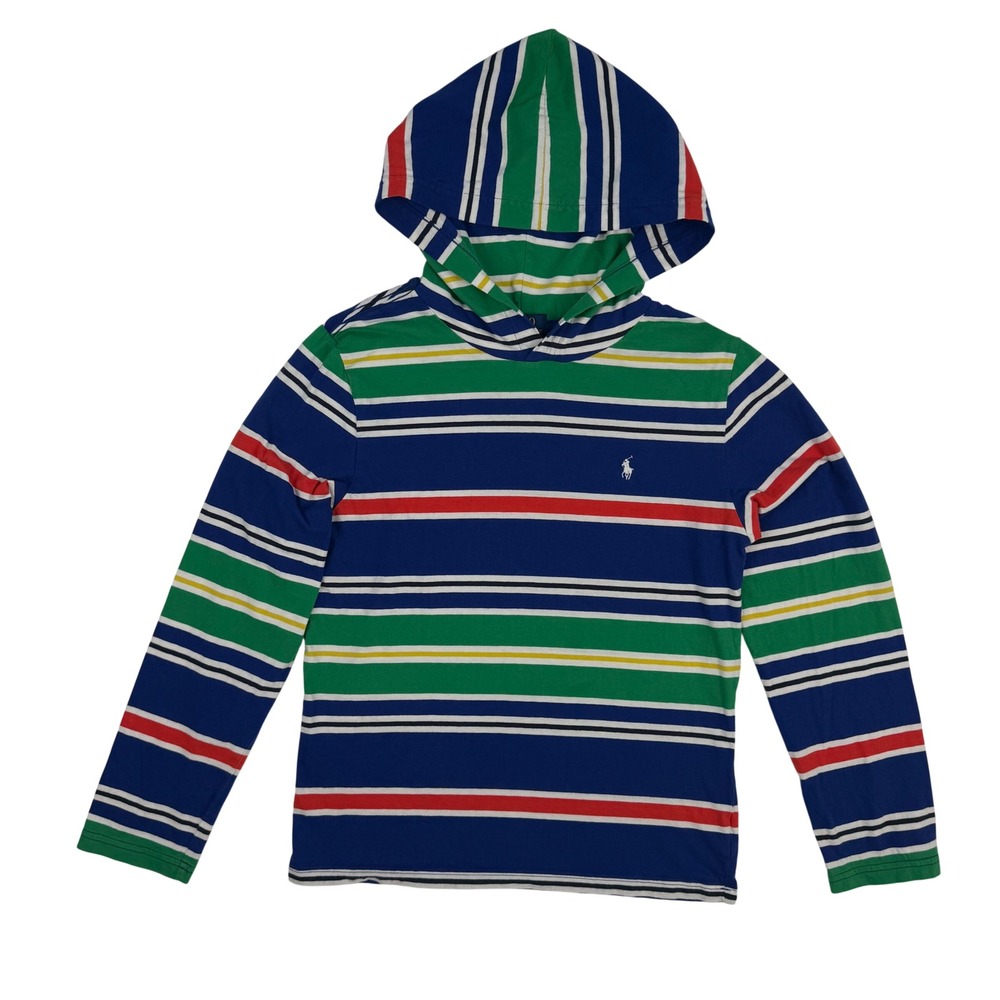 Polo Ralph Lauren Kids Large 14-16 Striped Hooded Long Sleeve T-Shirt Blue Green - Picture 2 of 5
